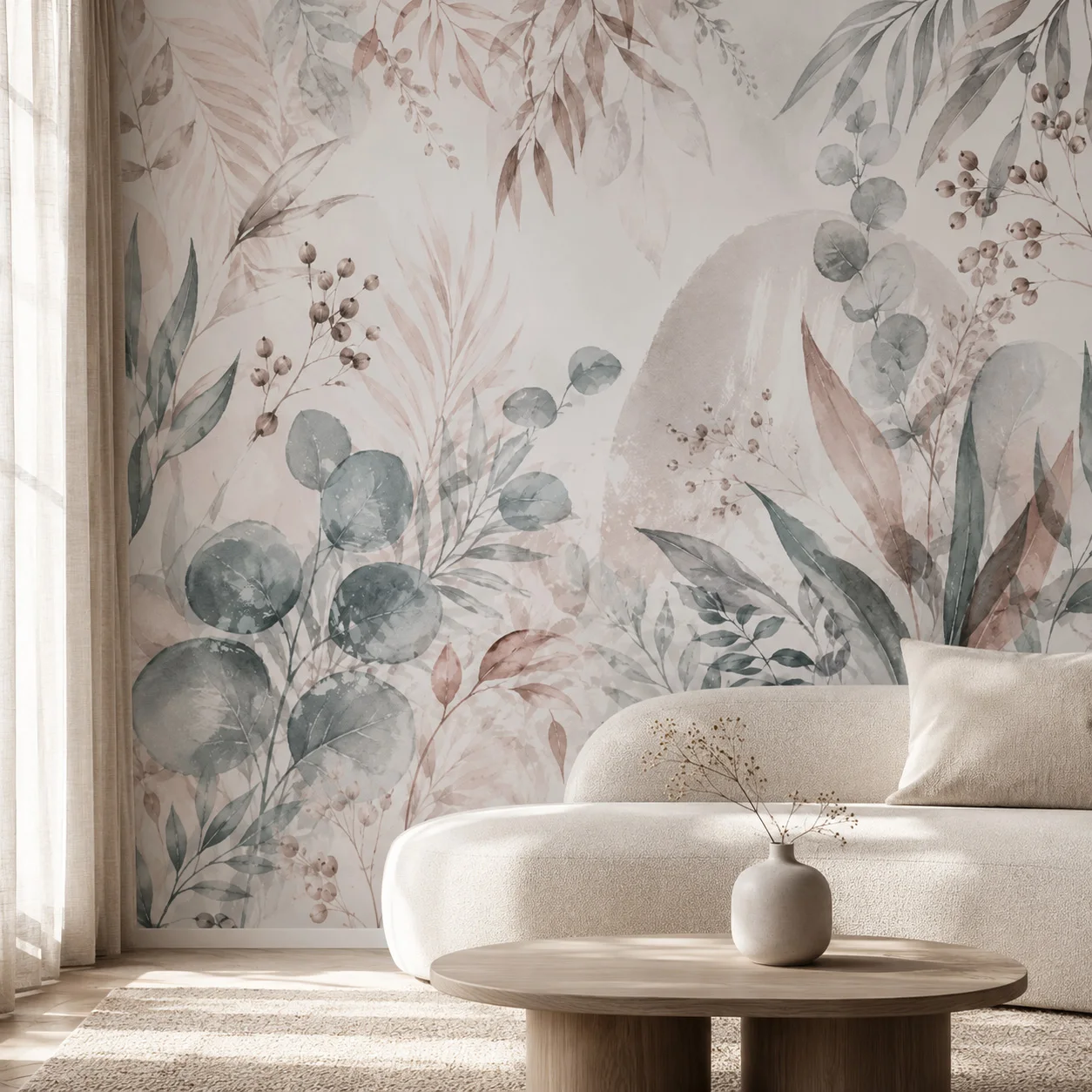 Large Neutral Botanical Wall Mural Wallpaper, Beige Blush Sage Green Watercolor Eucalyptus Leaves Dining Room, Paste Required