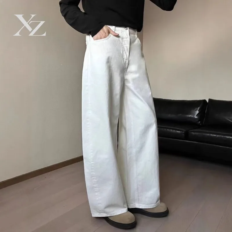 Opening Sale |Men High Waist White Wide Leg Jeans Non Stretch Baggy Length Loose Fit Casual Straight Denim Trousers Daily Street - view 3