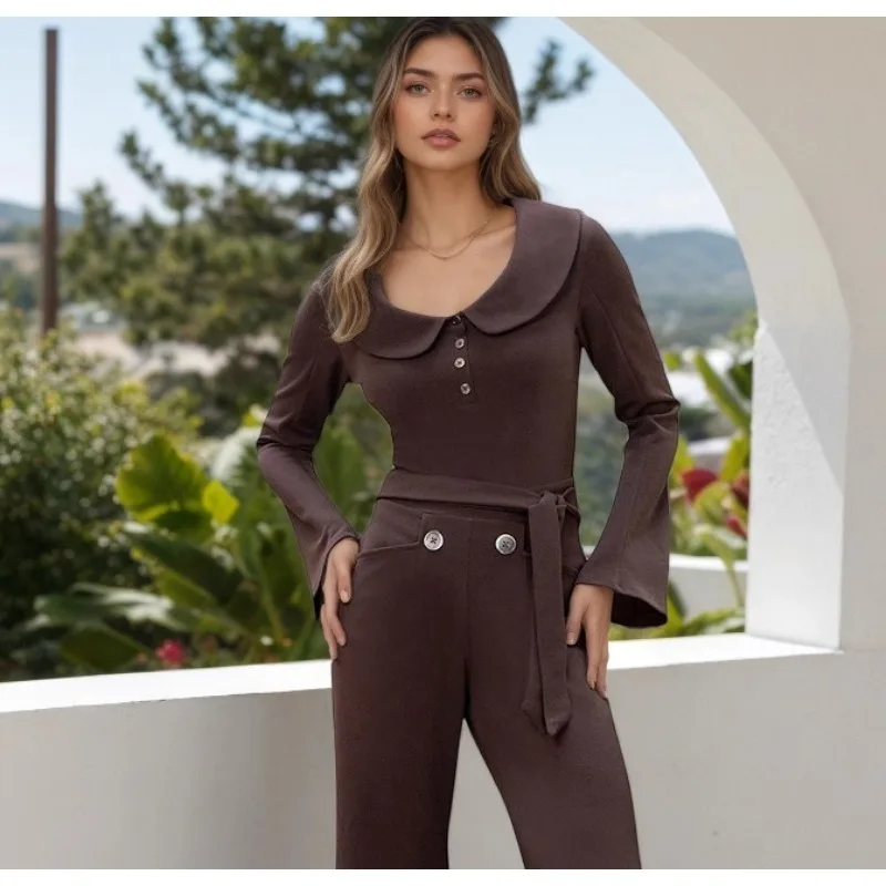 

New Solid-color Versatile Long-sleeved, Slimming Lace-up Jumpsuit for Cross-border Trade in Europe and America in Autumn Fashion