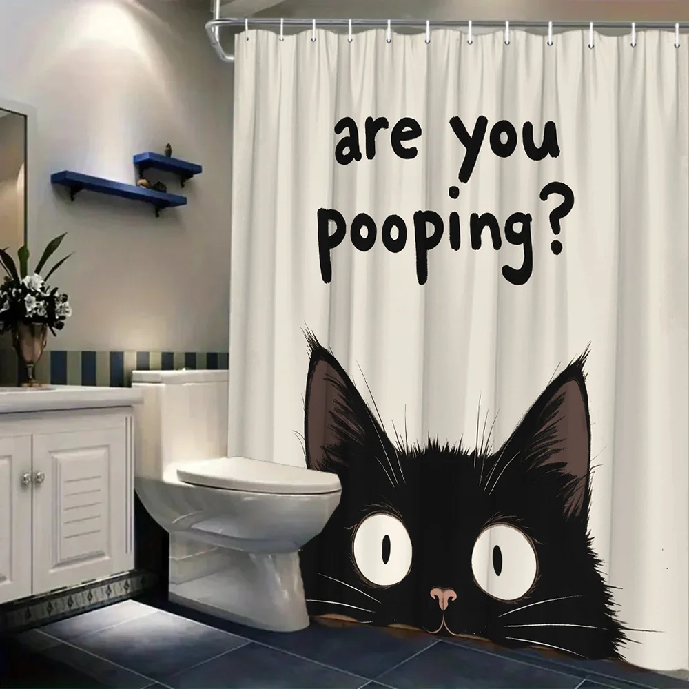 1pc Humorous Black Cat Pooping Shower Curtain - Large Eyes, Modern Design, Washable Polyester, Cat Lover Gifts