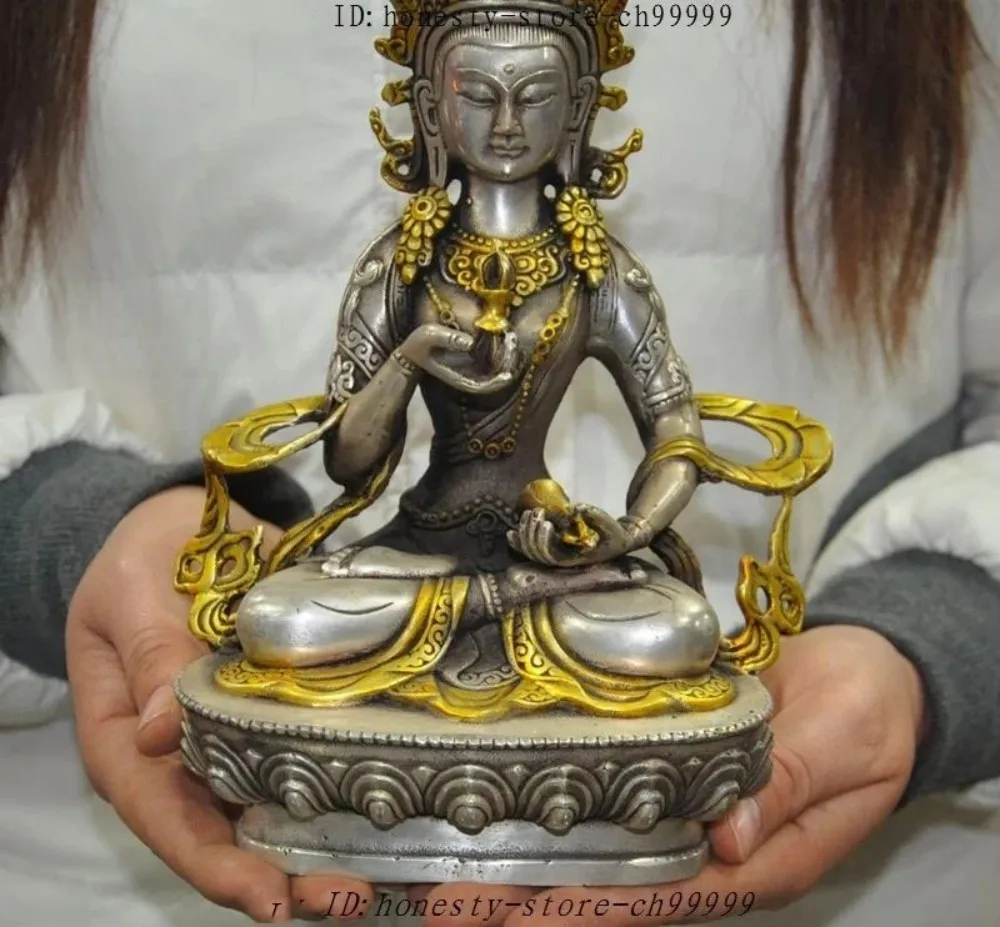 21CM de Tíbet Vajrasattva Chapado en plata bronce y estatua oro Buda