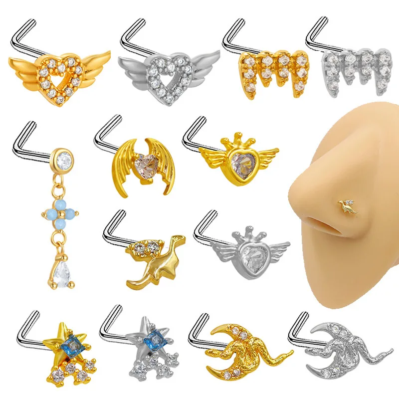 Surgical Steel Nose Rings for Women 0.8*7mm Butterfly L Bend Stud Nose Piercing Jewelry Angel Wig Heart Body Jewelry