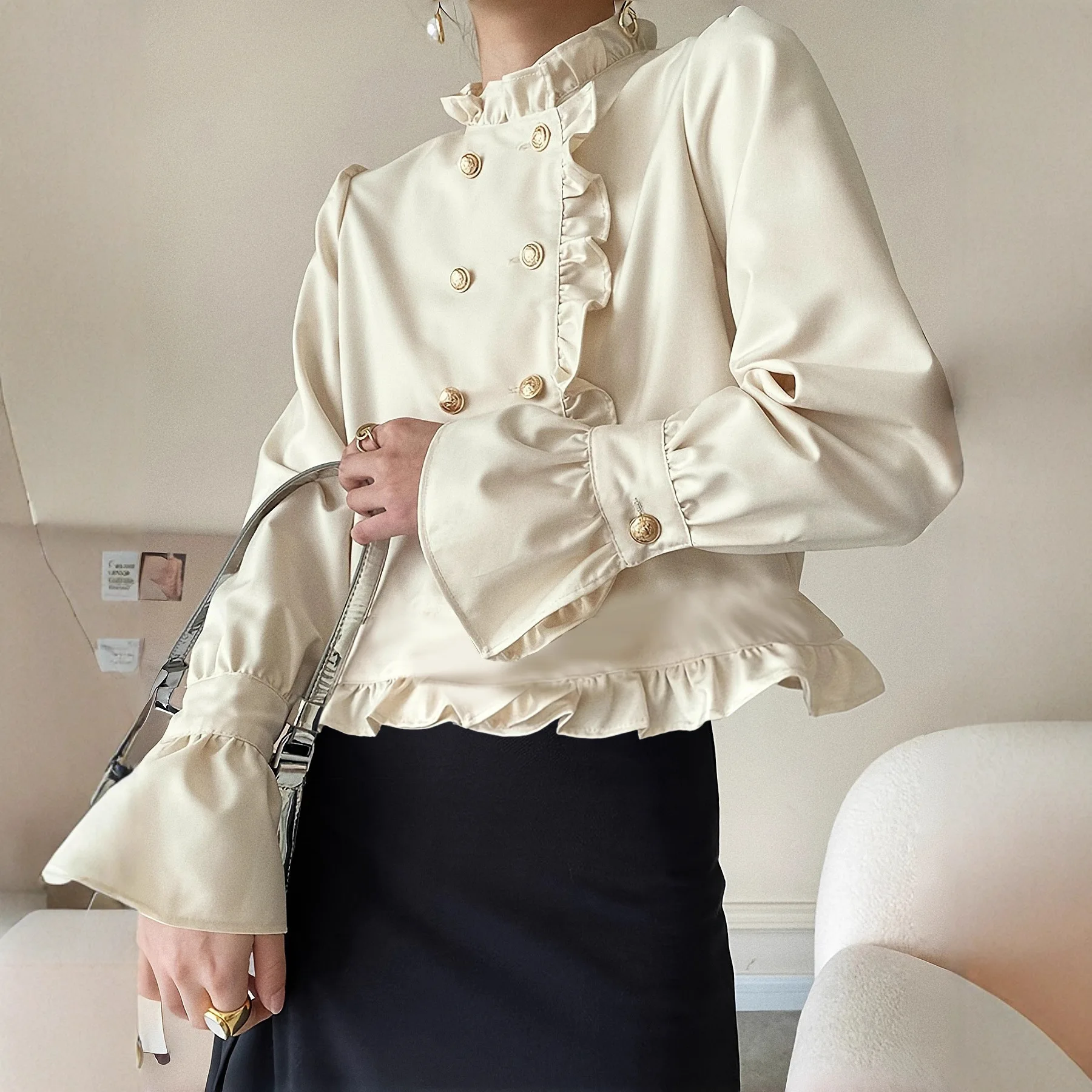 

Womens Top Spring French Style Stand Up Collar Palace Style Long Sleeve Double Breasted Loose and Versatile Ruffle Edge Shirt