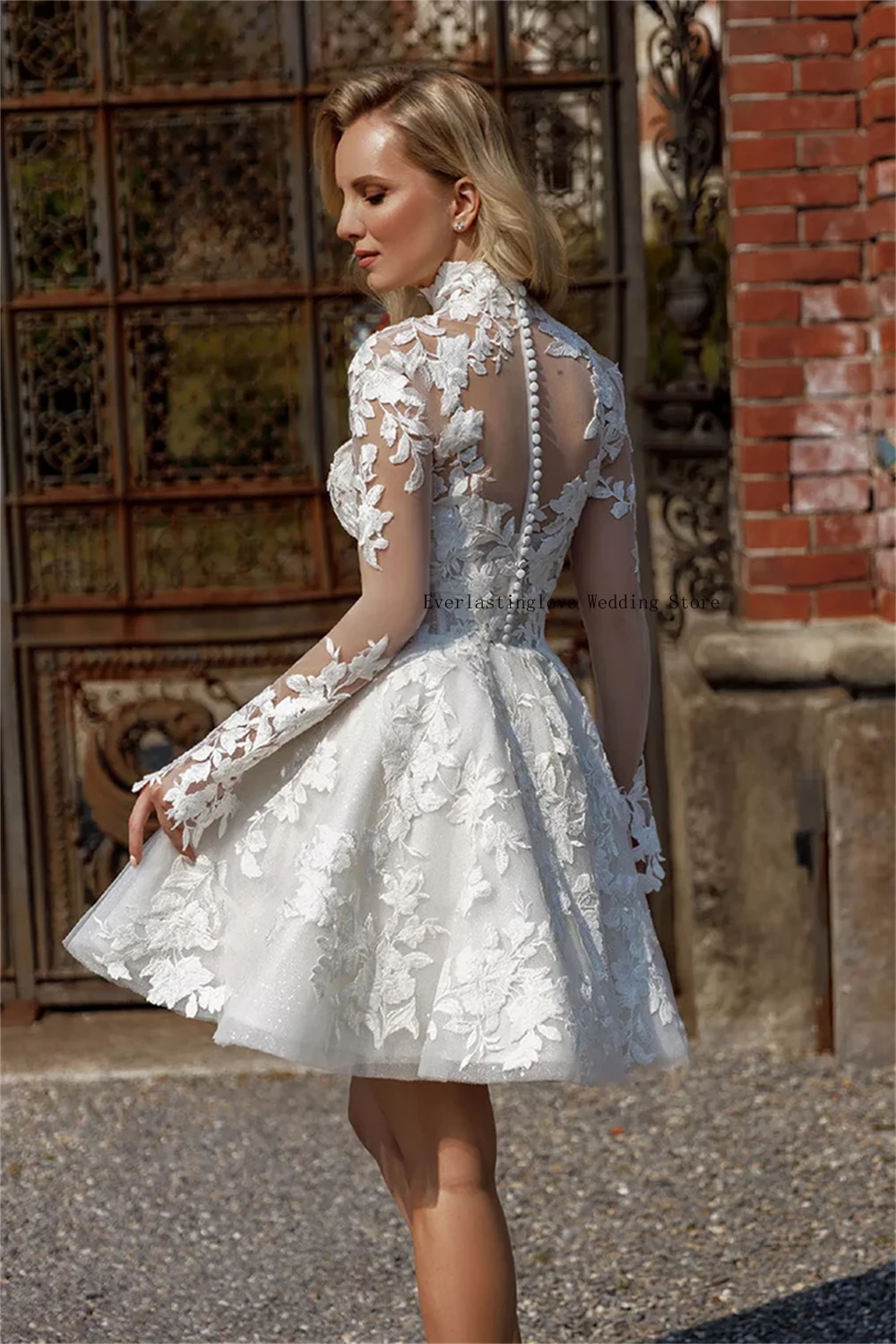 Sheer Illusion High Neck Full Sleeves Lace Applique Short Wedding Dresses Custom Made 2024 Vestido De Noival