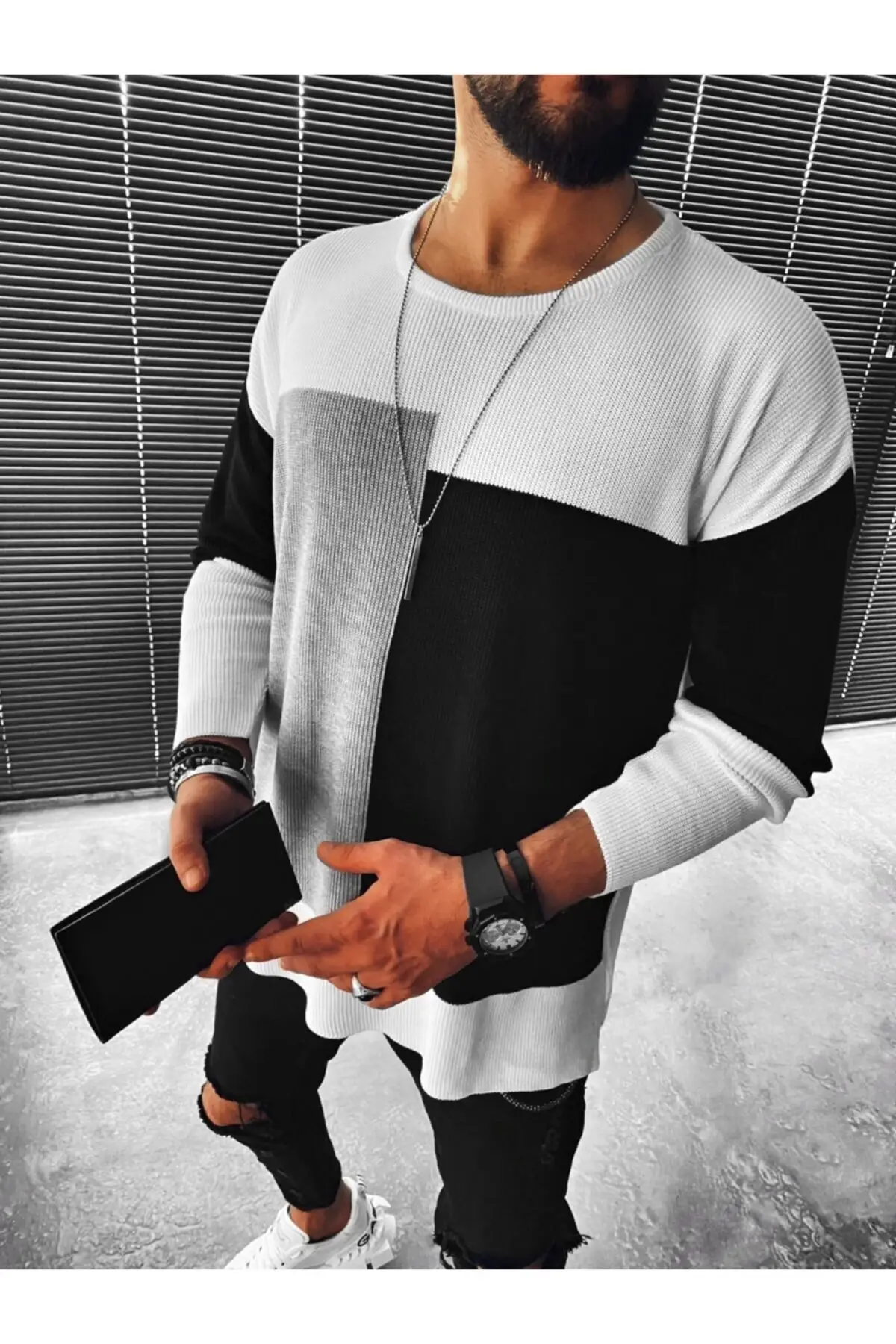 Men\'s Oversize Tri-Color Sweater Gray Black White Pieced New Fashion Winter Autumn Casual Cotton High Quality Style Crew Neck