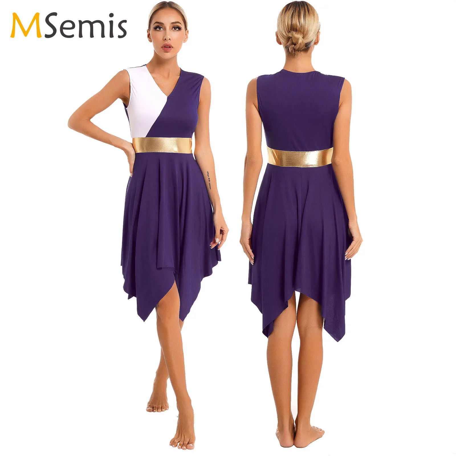 Robe de danse lyrique pour femmes adultes, sans manches, couleur bloc, tenue de bal, Costume de compétition