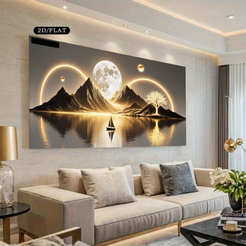 Framed Canvas Wall Art, 2D FLAT Modern Minimalist Moonlight Mountain Water Reflection Scenery Print, Wall Decor for Living Room