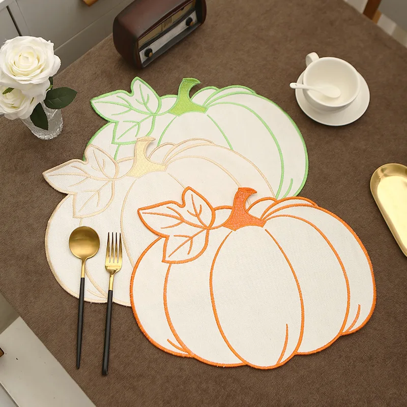 Halloween Embroidery Leaf Pumpkin Placemat Cotton and Linen Fabric Dining Table Decor Mat Coffee and Tea Table Insulation Pad