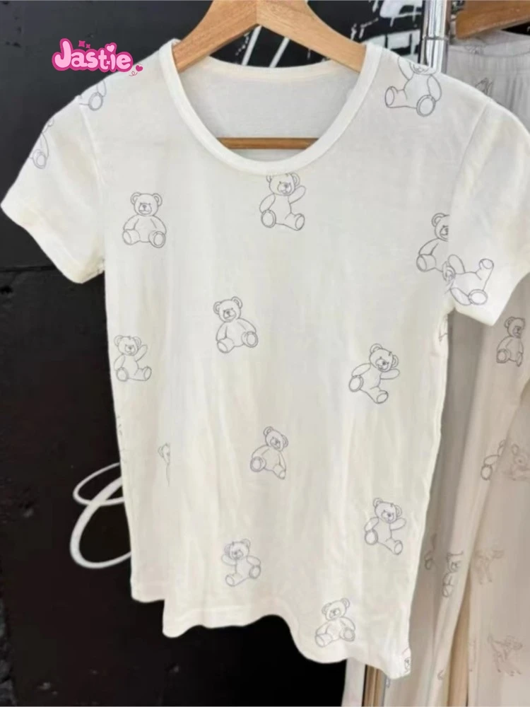 Женская футболка с коротким рукавом, круглым вырезом и принтом медведя