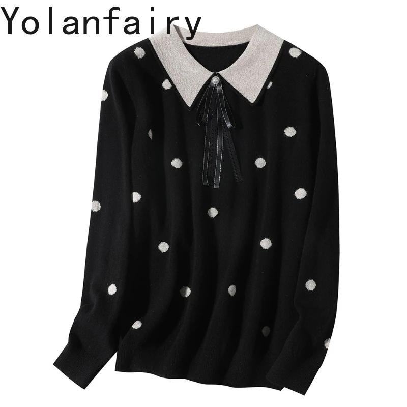 

YOLANFAIRY 89% шерсть 11% кашемировые свитера для женщин осень-зима вязаный черный свитер в горошек топы с длинными рукавами пуловер Damen
