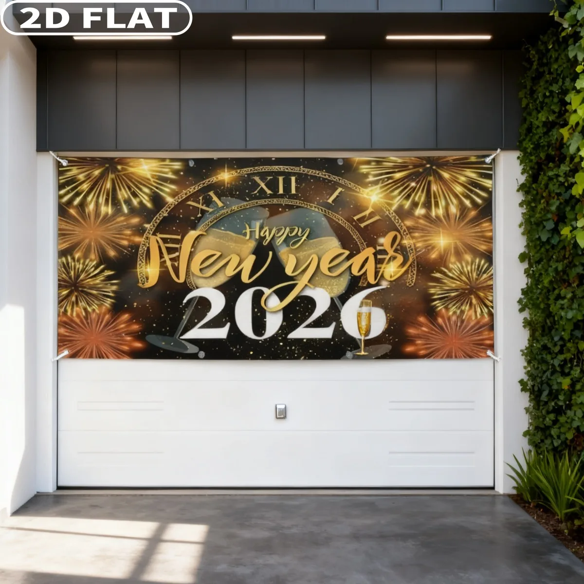 1 قطعة 6x13ft السنة الجديدة 2026 حفلة باب المرآب ديكور البوليستر الذهبي الكلاسيكية ساعة الشمبانيا نظارات تألق غطاء باب المرآب #3