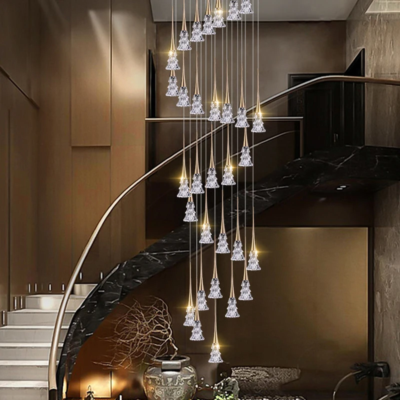 Modern Home Decoration Pendant Light Luxury Living Room Crystal Chandelier Double Attic Staircase Pendent Lamp Indoor Lighting