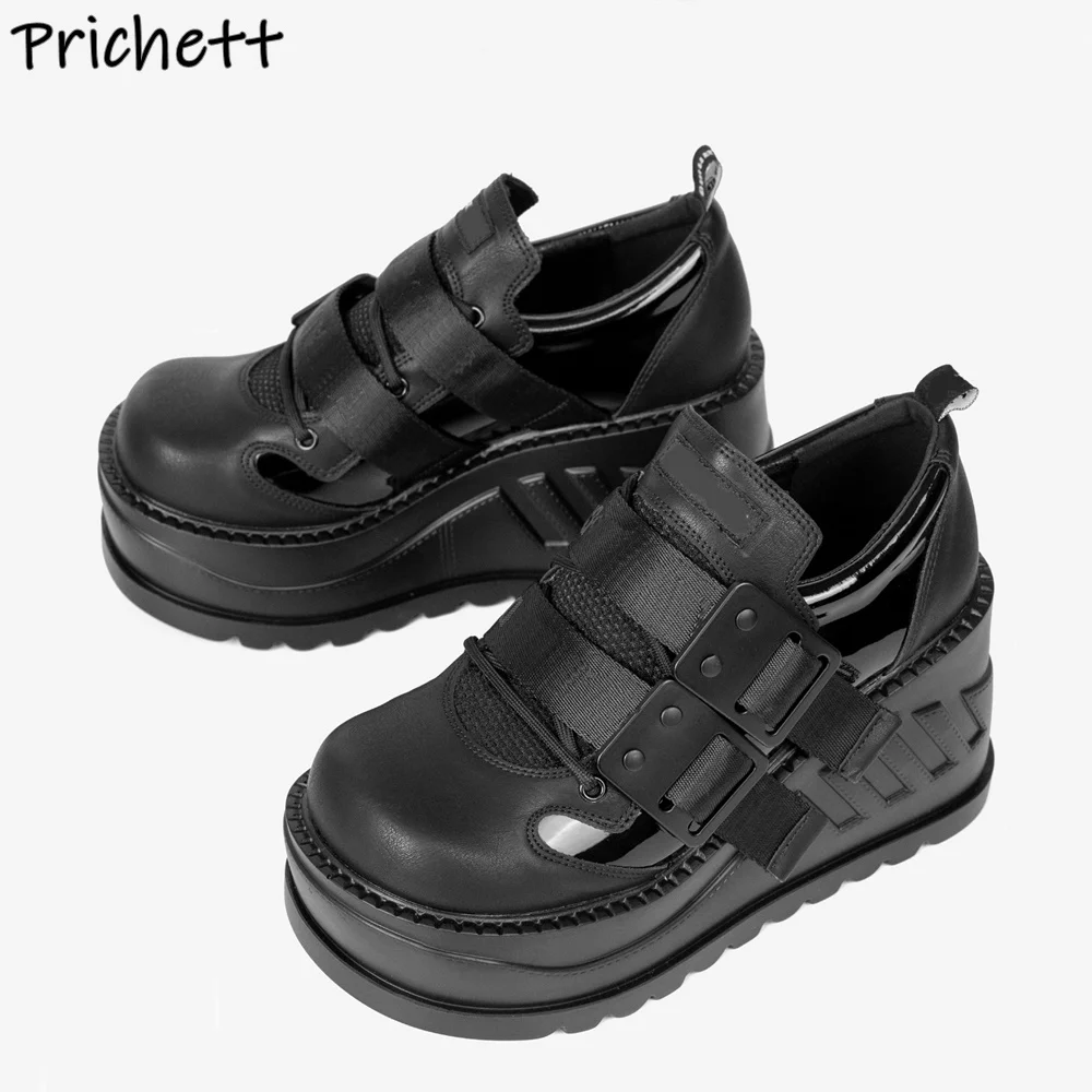 Buckle Belt Leather Pumps Wedges Shallow Black Round Toe Fashion Dark Punk Leisure Shoes Women's Punk Mary Jane Cool Shoes 2025
