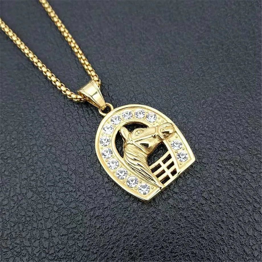 Punk Iced Out Bling Horseshoe With Horse Head Pendant Gold Color Stainless Steel Necklace For Men/Women Jockey Club Jewelry 2025 view 5