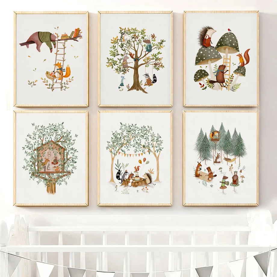 Woodland Nursery Prints Forest Animal Hedgehog Deer Squirrel Fox Wall Art Canvas Painting Poster Wall Pictures Kids Room Decor