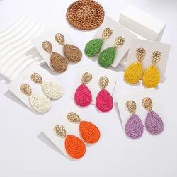 Bohemian Exaggerated Raffia Drop Earrings Handmade Geometric Dangle Earring for Women Ethnic Beach Party Jewelry