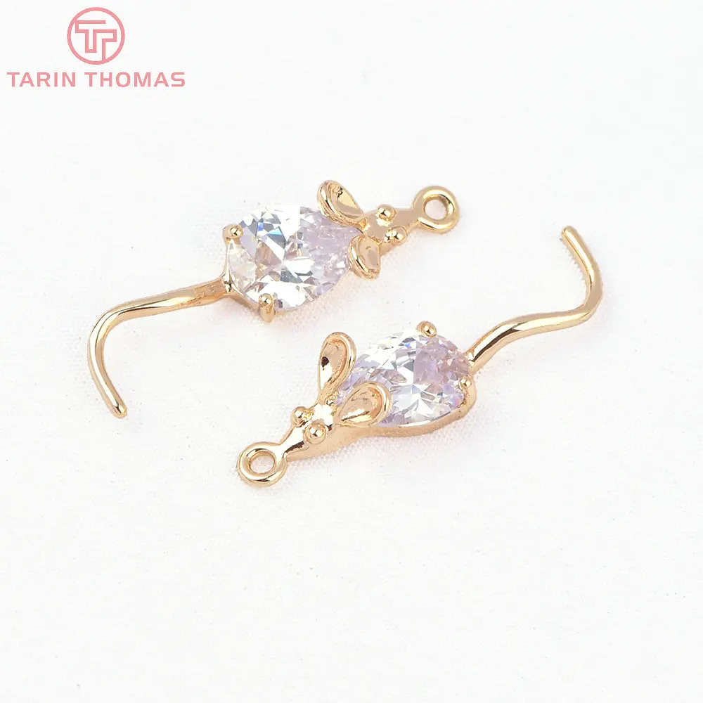 (1041) 4PCS 28x7MM 24K Gold Color Plated with Zircon Mouse Pendants Charms High Quality DIY Jewelry Making Findings Accessories
