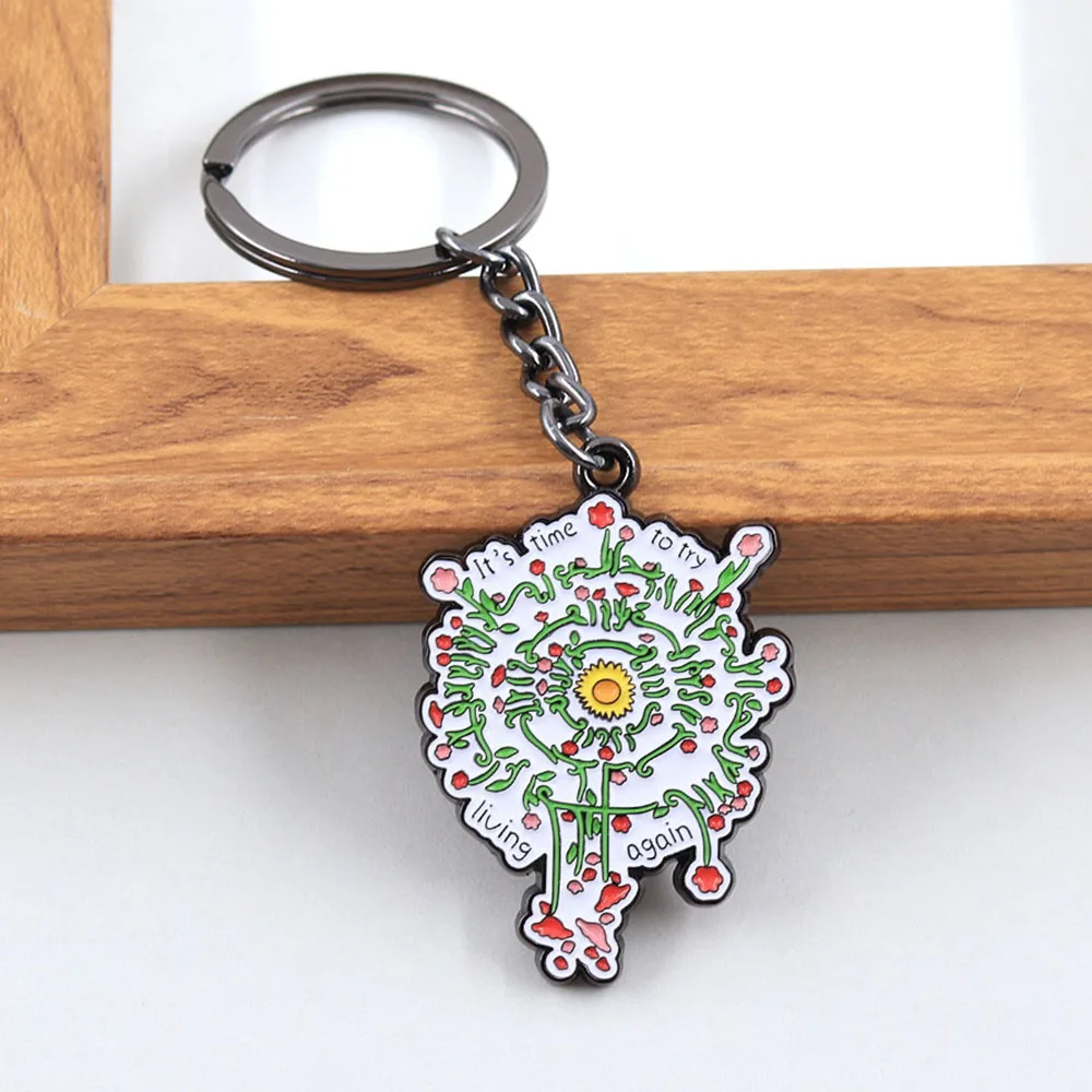 It's Time to Try Living Again Flower Keychain Inspirational Quotes Theme Keyring Backpack Key Accessory Gamer Gift