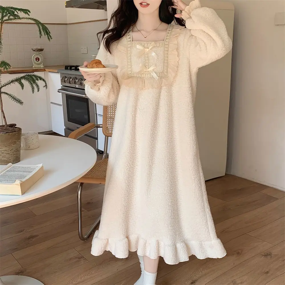 Fleece Women Nightgown Korean Lace Sleepwear Winter Night Dress Knee Length One Piece Pajamas Solid Square Collar Warm Home Wear