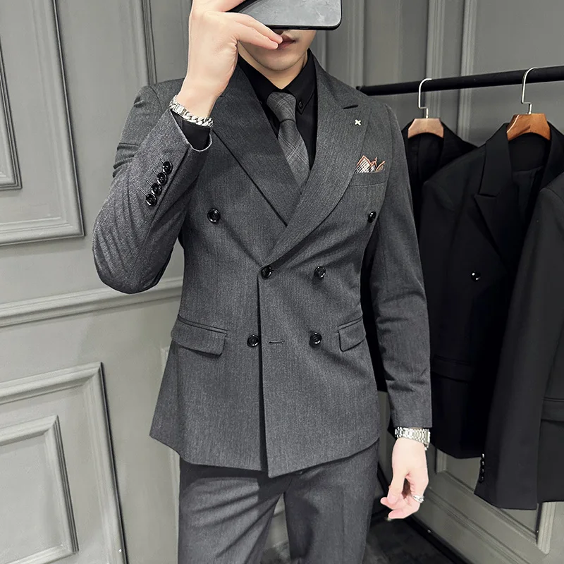 (Jacket+Vest+Pants)Men Spring High Quality Double-breasted Suits/Male Slim Fit Groom\'s Wedding Dress Fashion Three-piece Set