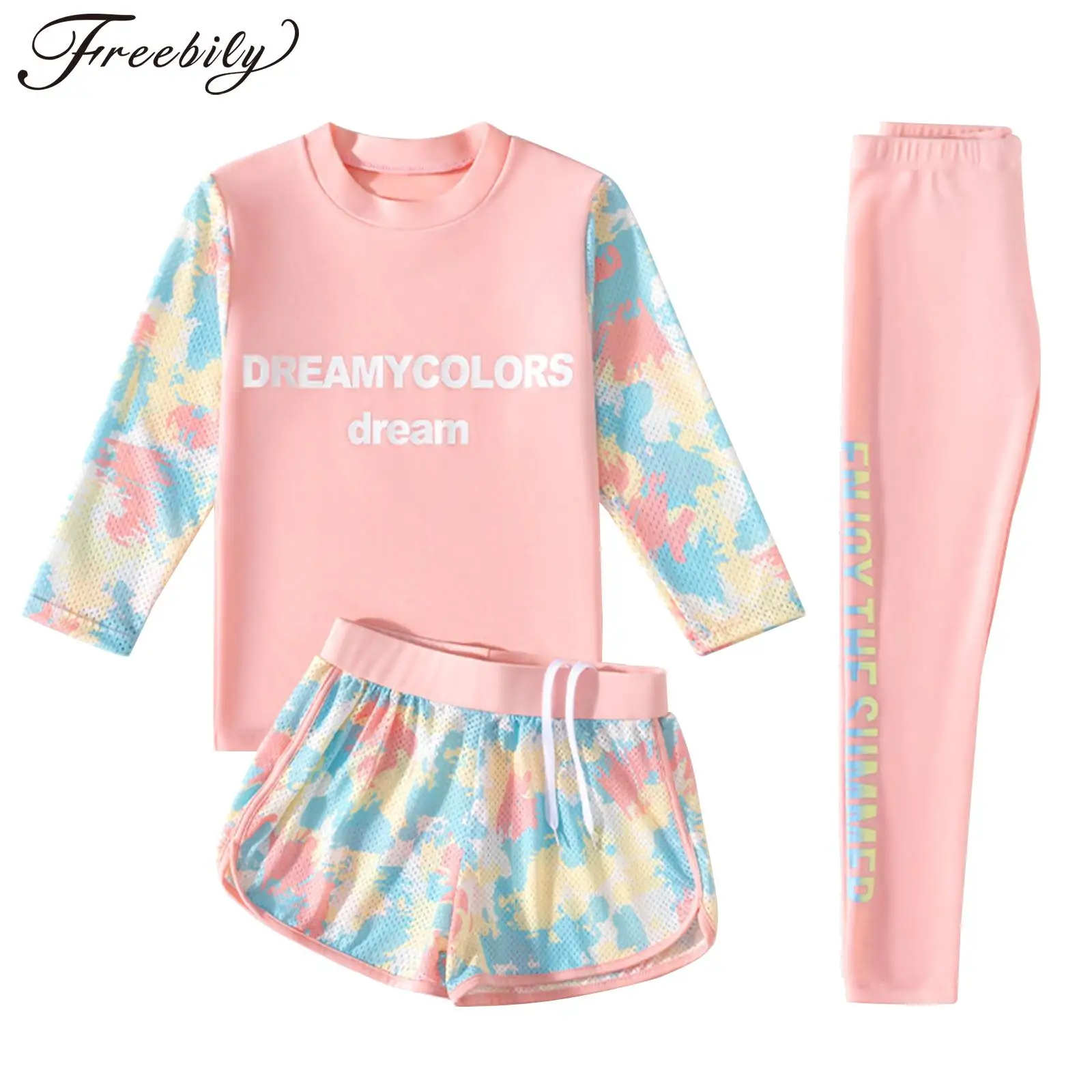 Kids Girls Print Swimsuit Long Sleeve Top with Shorts Pants Sun Protection Swimwear Rash Guard Beach Pool Bathing Suit Wetsuit