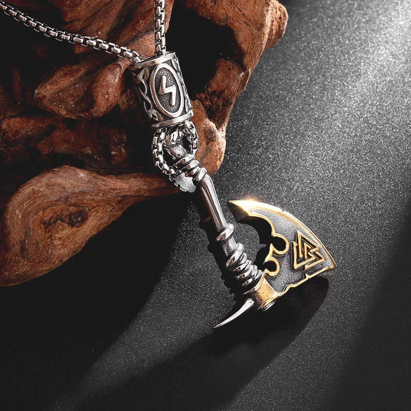 Retro Domineering Viking Battle Ax Necklace Nordic Mythology Odin Valknut Totem Pendant Men and Women Trendy Amulet Jewelry Gift