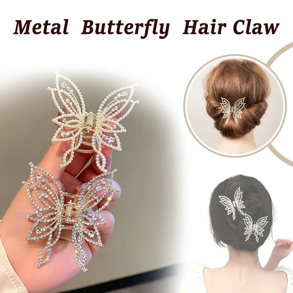 Garra para el cabello estilo mariposa para cabello fino y grueso, antideslizante, brillante, perlas de diamantes de imitación, decoración, accesorios para el cabello para mujer, L5Z0