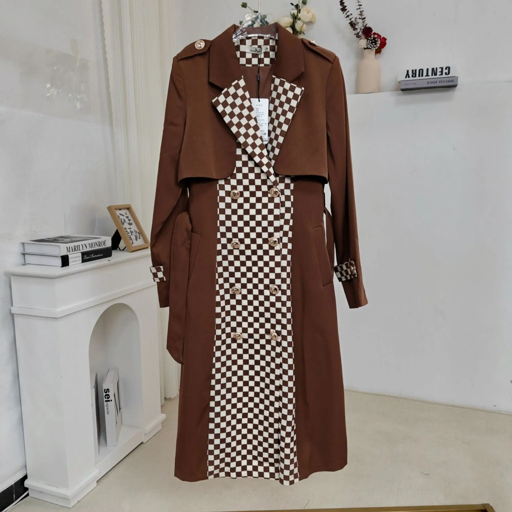 

Модное пальто SuperAen в английском стиле с отложным воротником, длинными рукавами, в клетку, с эффектом пэчворк, двубортное, длинное, весеннее, новинка