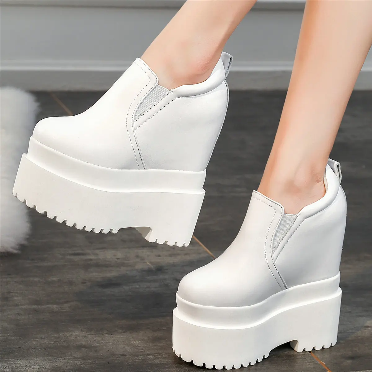 12cm High Heel Pumps Plus Size Shoes Women Genuine Leather Wedges Ankle Boots Female Round Toe Fashion Sneakers Big Size Shoes