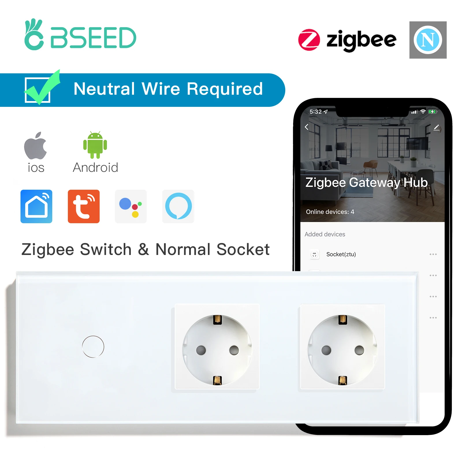 

Настенный выключатель BSEED Zigbee, умная Беспроводная розетка с управлением 1/2/3 клавишами, 1/2/3 клавишами, стандарт ЕС