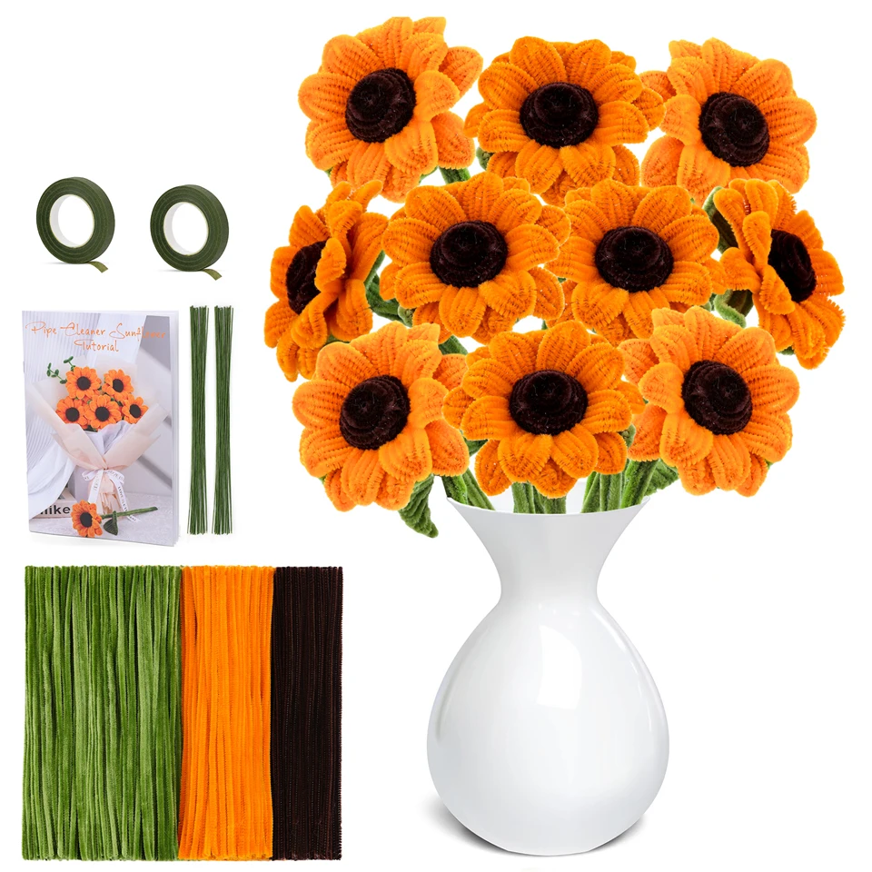 MIUSIE Sunflowers Kit Chenille Stems Rod Wool Root Fluffy Twist Sticks Plush DIY Craft Supplies Toys Home Decoration