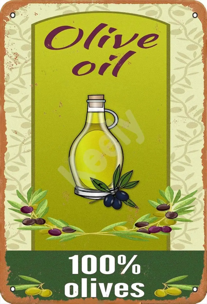 Letrero Metálico Vintage de Aceite de Oliva 100% Olivas, Decoración de Pared para Cafeterías, Bares, Restaurantes, Pubs, Cuartos de Hombre
