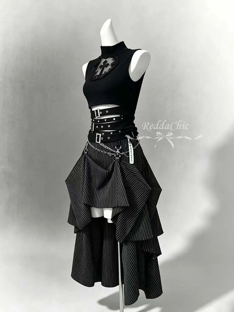 REDDACHiC Lace Hollow Sleeveless Top Skirt Women Set Goth Black Stripe Bustle Skirt Belt Tank Top Grunge Music Festival Outfits image 3