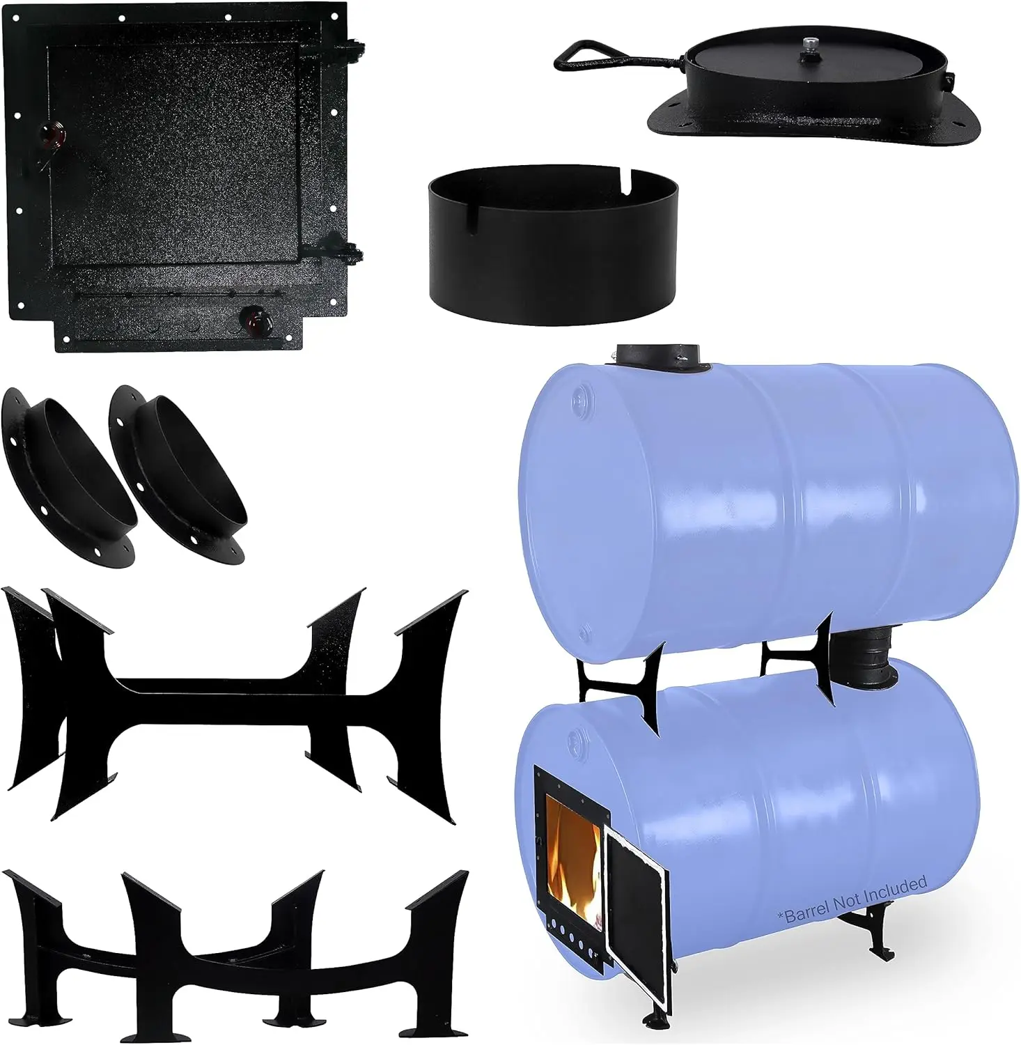 Kit with Double Barrel Stove Adapter Kit – For 30 to 55 Gallon Drums - Barrel Woodstove Kit - Camping Equipment Bar