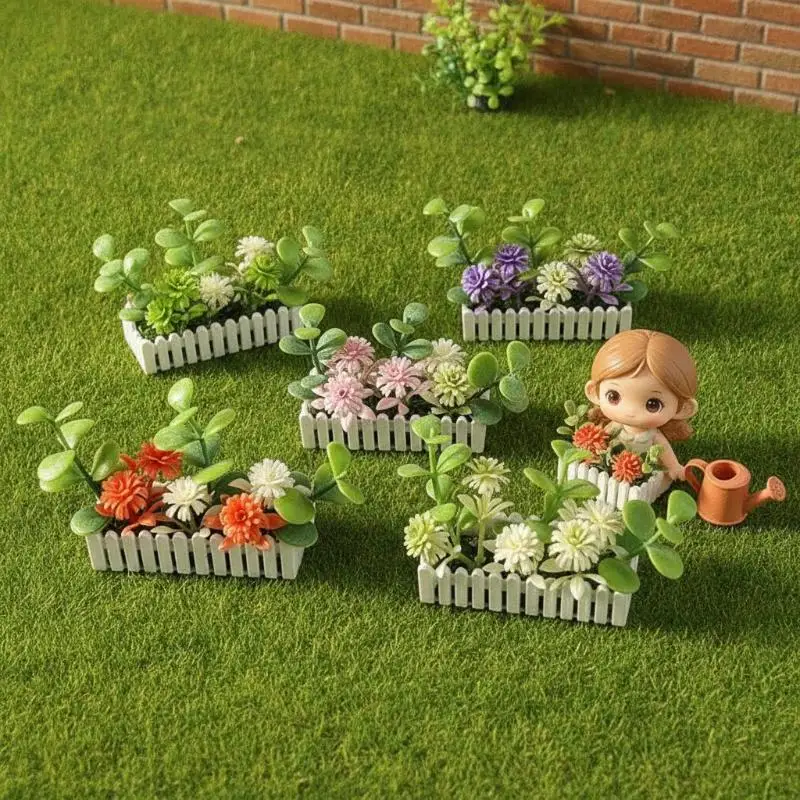 Mini Artificial Potted Flower Plants With White Fence Dollhouse Flower Potted Model Decor Dolls House Micro Landscape Ornament