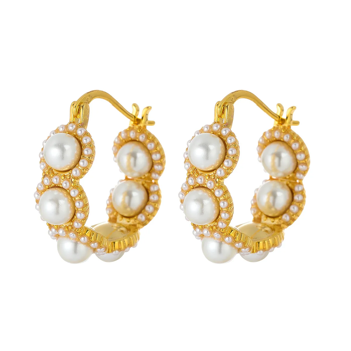 Copper-plated retro-style earrings with inner and outer pearl inlays, fashionable and exquisite jewelry.