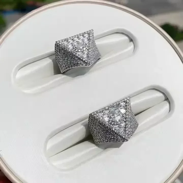 Fashion Big Heavy Men Hip Hop Jewelry Full Bling Mini CZ Paved Geometric Triangle Pyramid Type Fine Ring Punk Jewelry Gift