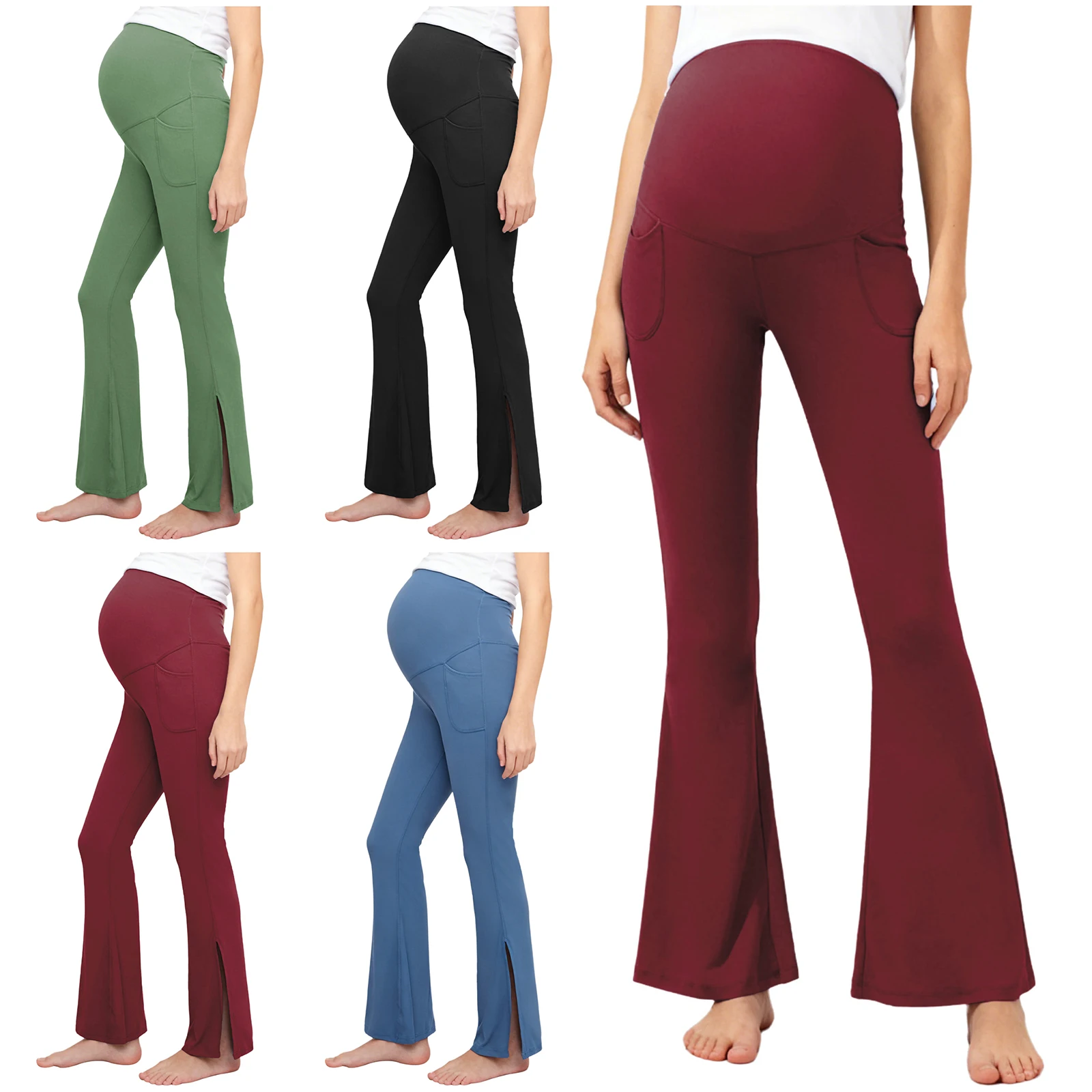 Maternity Yoga Leggings Over The Belly Stretchy Casual Bell-bottom Pants with Pockets for Daily Work Sports Workout Homewear