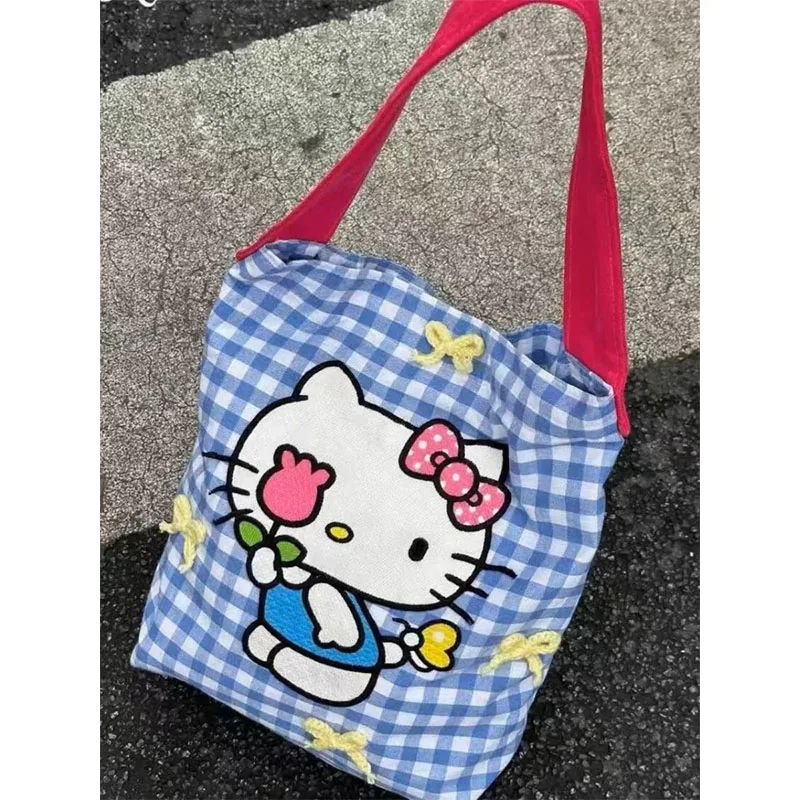 2024 Kawaii Cute Sanrio Hellokitty Bag Canvas Shoulder Bag Large Capacity Plaid Handbag Underarm Bag Ins Gifts Girlfriend Gifts