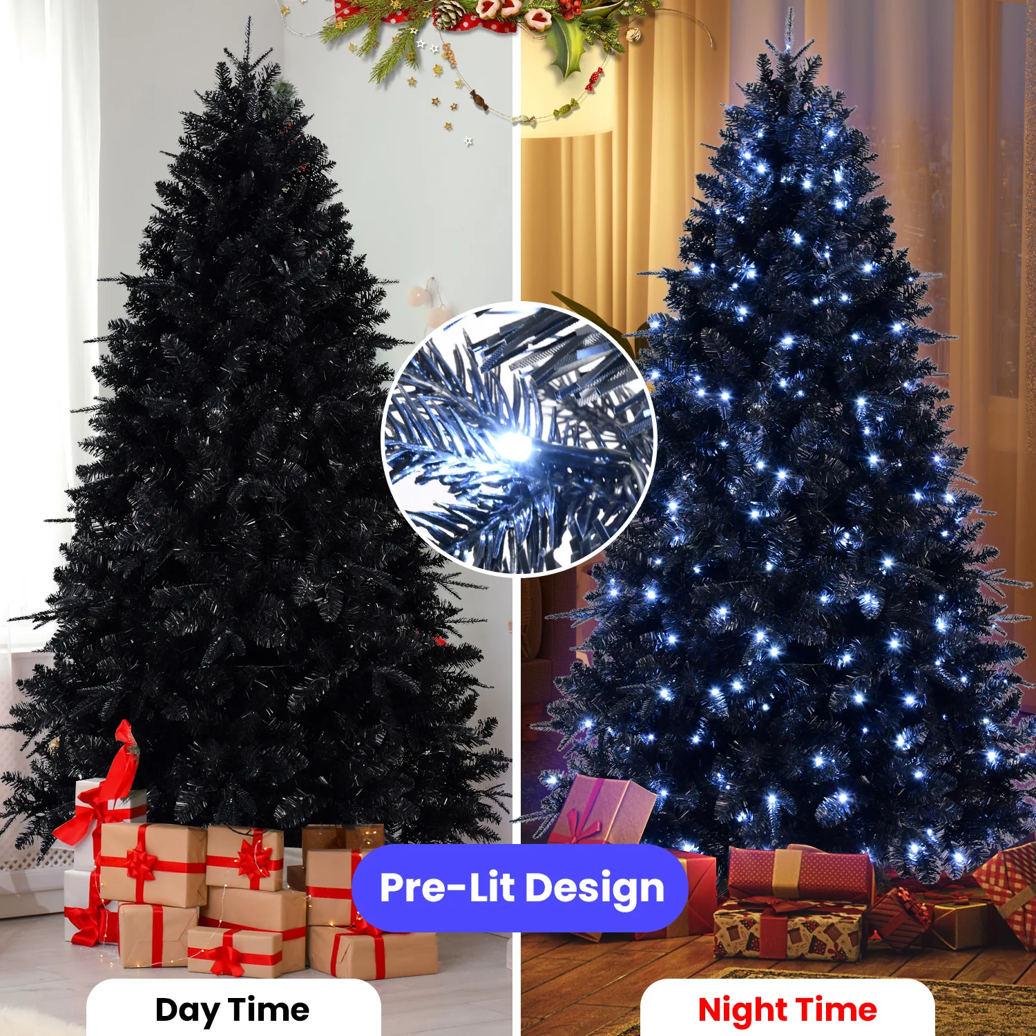 6/7/7.5/8/9FT Pre-lit Artificial Christmas Tree Premium Xmas Tree LED Easy Assemble Foldable Holiday Xmas Ornaments Decoration