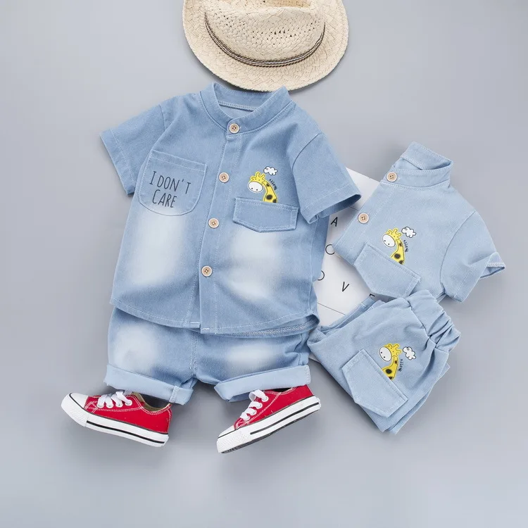 Children's denim short sleeved set, boys 0-year-old shirt, cartoon deer shirt, summer boys' clothing