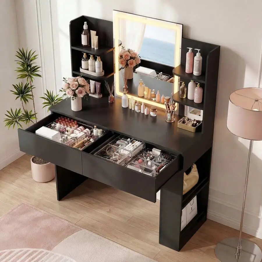 Vanity Desk With Mirror And LED Lights, Makeup Vanity Table With 3 Lighting Color, Adjustable Brightness, Vanity Table With 2 Dr