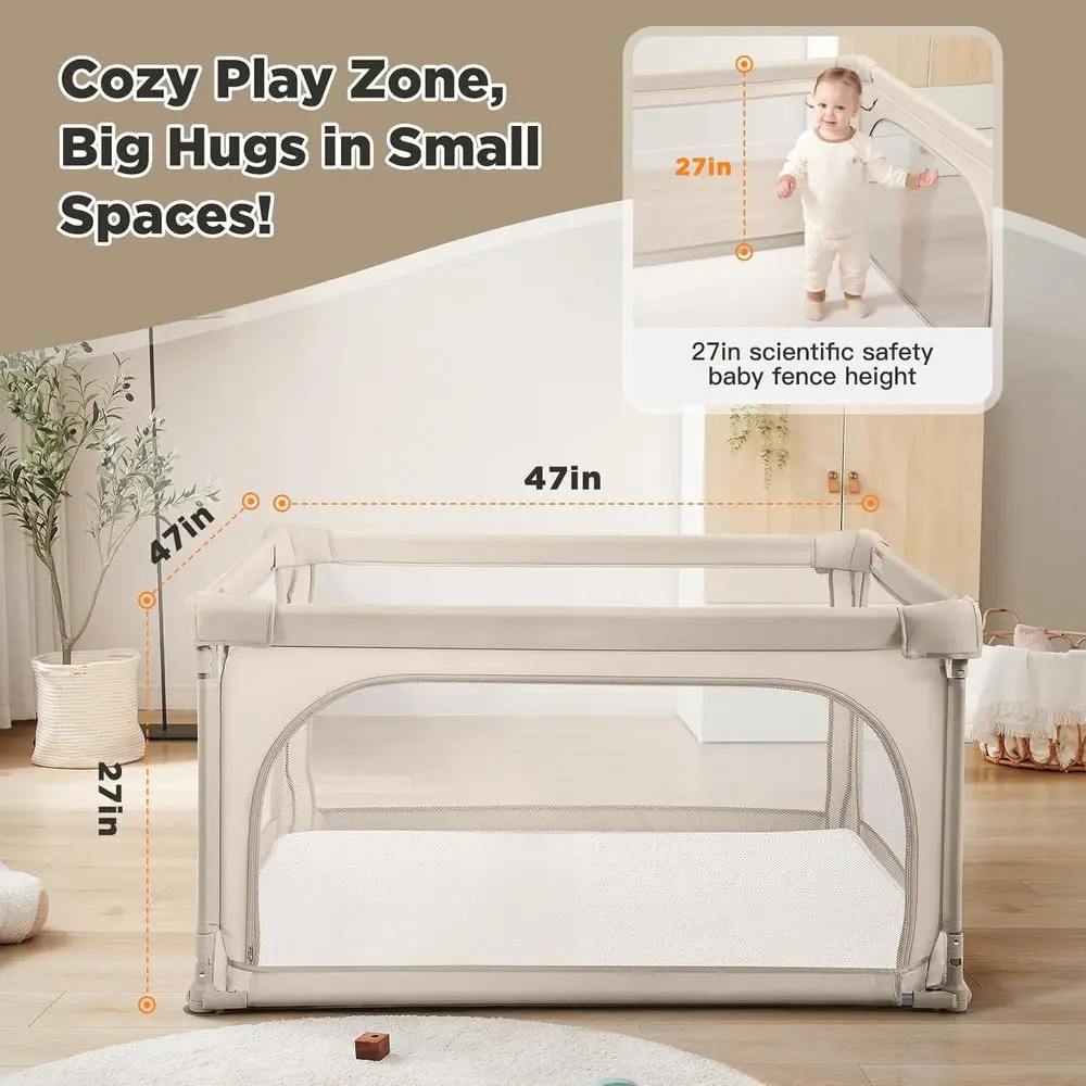 روضة أطفال قابلة للطي مقاس 47 × 47 مع باب بسحاب، منطقة لعب كاكي فاتح للرضع والأطفال الصغار #5