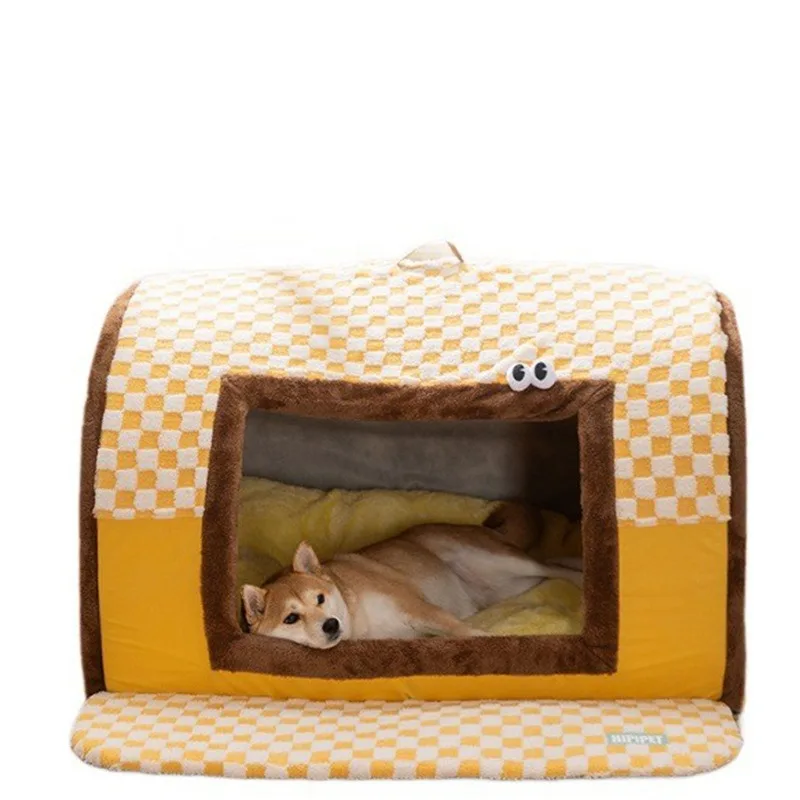

2025 Large Dog House Bed Enclosed Warm Plush Kennel With Door Mat Winter Cozy Foldable Washable For Golden Retriever Shiba Inu L