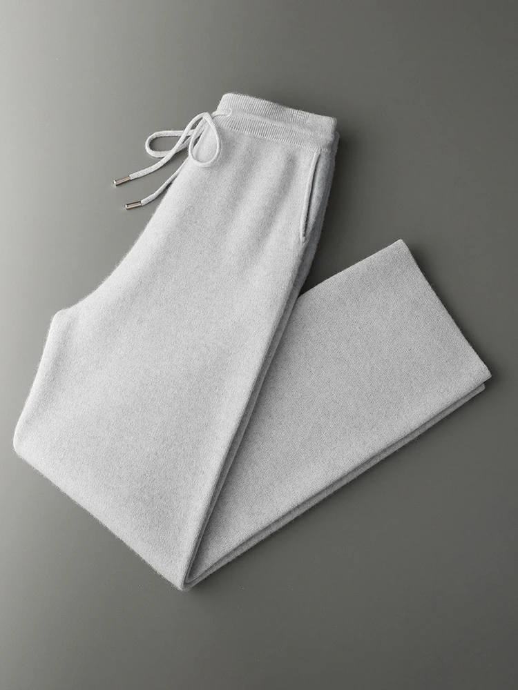 

Autumn Winter New Chic Smart Casual Wide-Leg Pants Men's 100% Cashmere Knitted Luxury Style Solid Color Thick Soft Warm Trousers