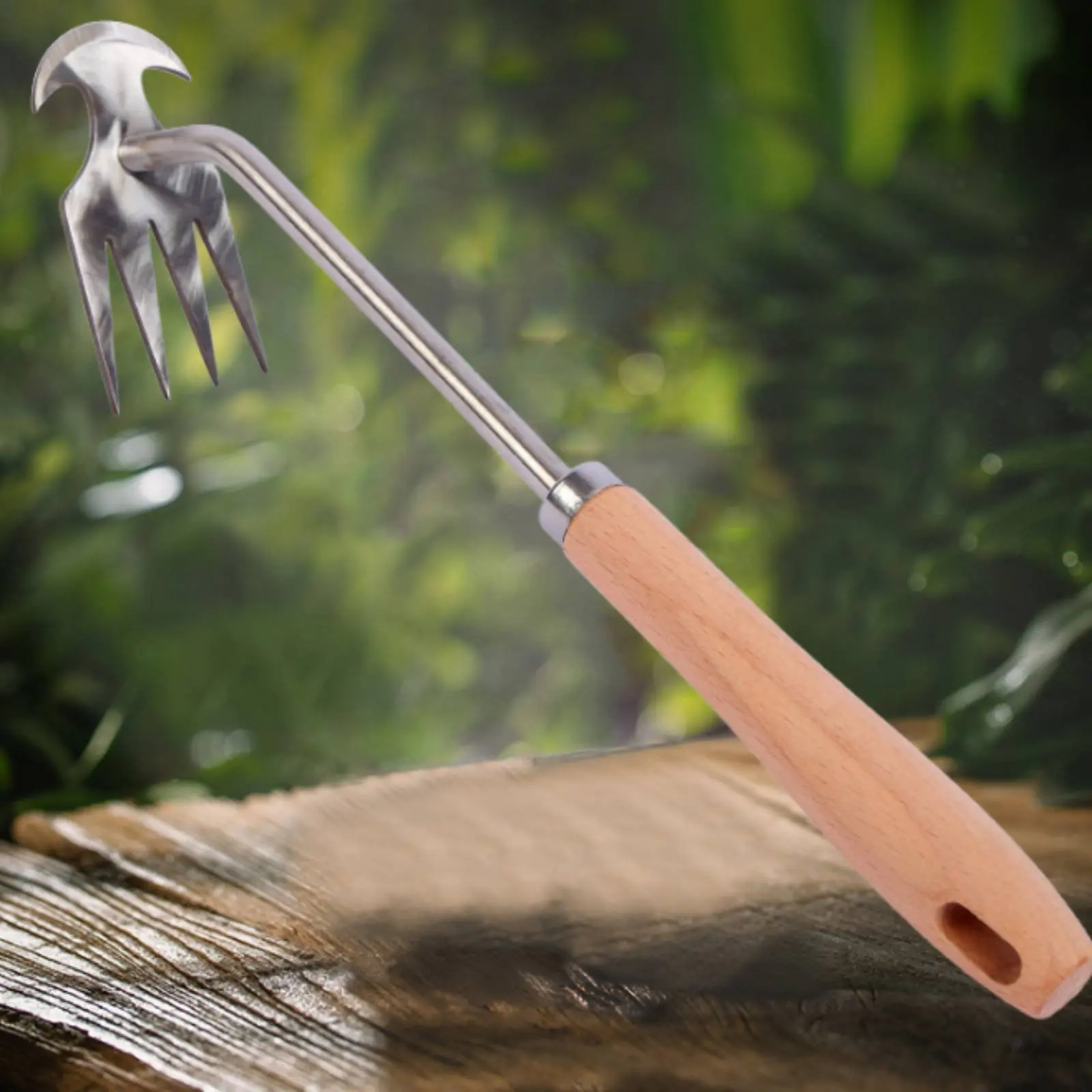 4-Tine Hand Rake Hoe Rust-Resistant Wood Handle Cultivator Hoe Stainless Steel Weeding Rake Long-Lasting Double Head Garden