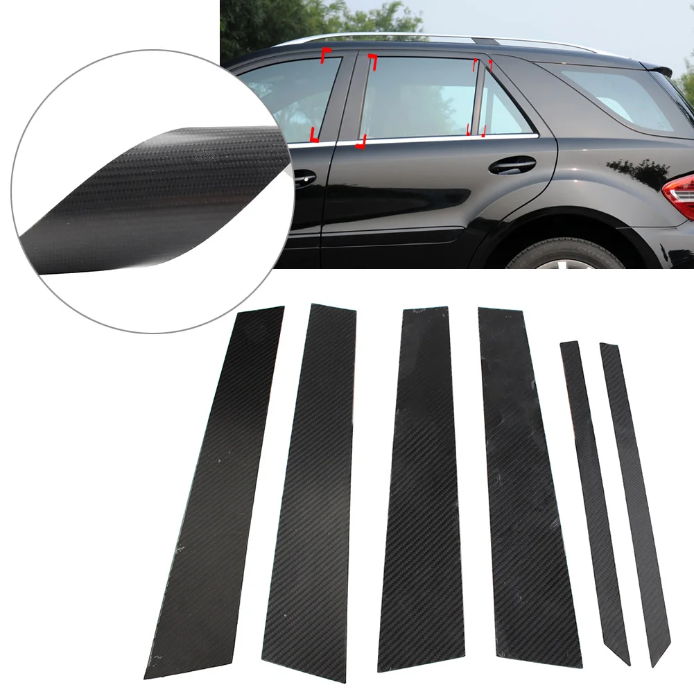 6x Carbon Fiber Car Exterior Door Window B Pillar Post Cover Trim Decorative For Mercedes Benz M/ML Class W164 2006-2011