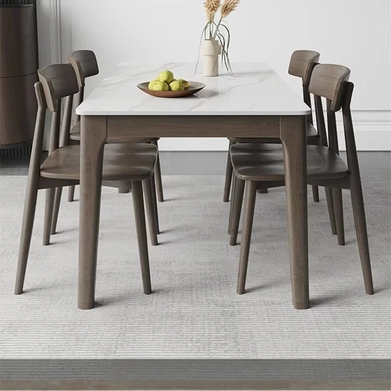 tp- Light Luxury Style Sintered Stone Dining Table Marble Top Wood Legs Walnut Finish 6-Seater Small Size Assembly Required@
