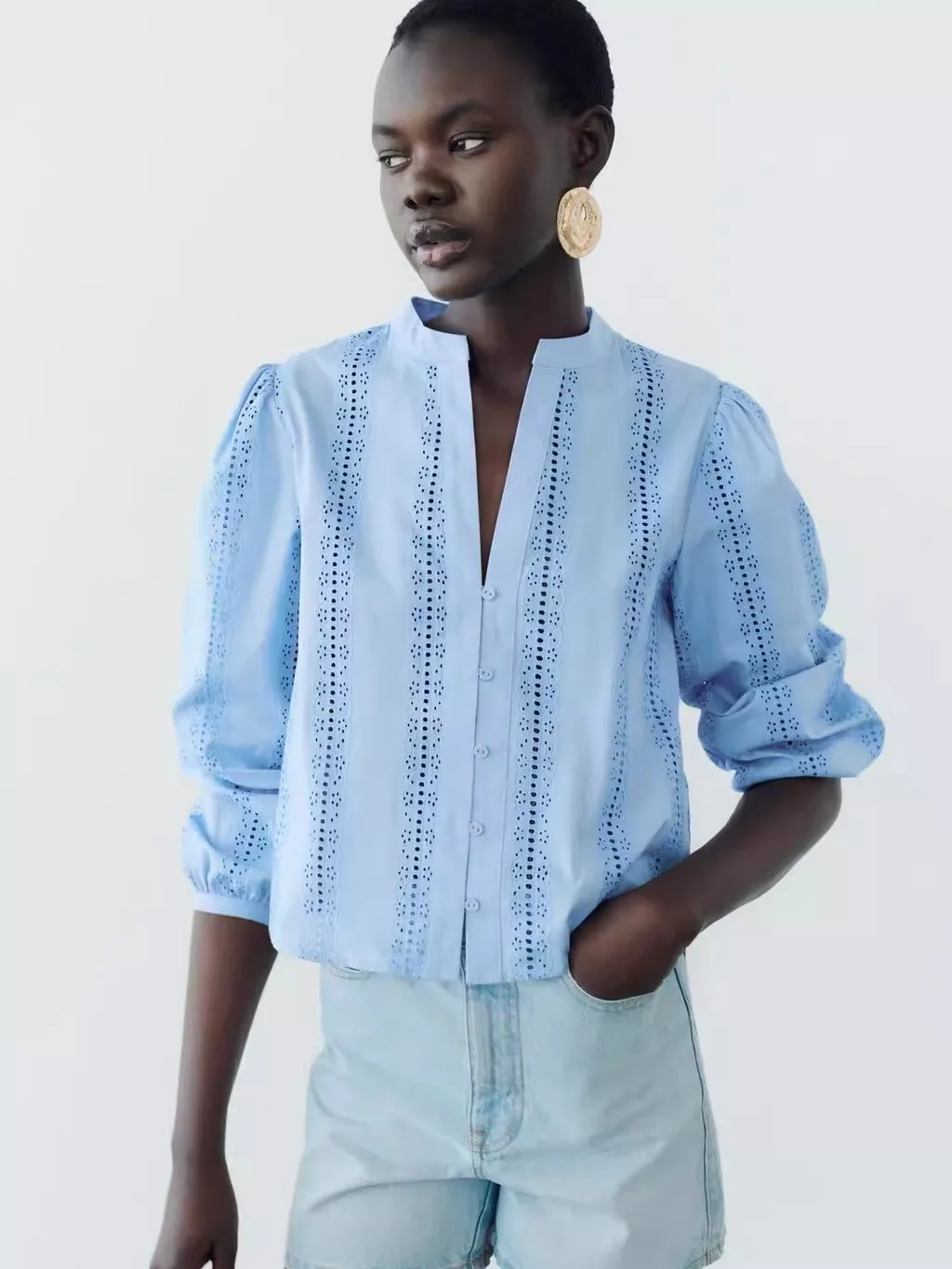 

Лето 2023, женский топ из чистого хлопка с вышивкой, длинный свеч V-Ne, свободный крой, полиэфирная ткань, защита от ультрафиолета