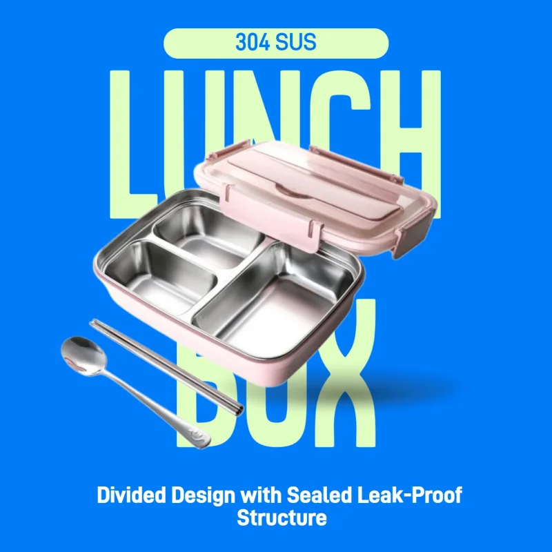 

Home Leak-Proof Stainless Steel Bento Lunch Box 3/4 Compartments Durable Easy-Clean Food Container for School Office Meal Prep